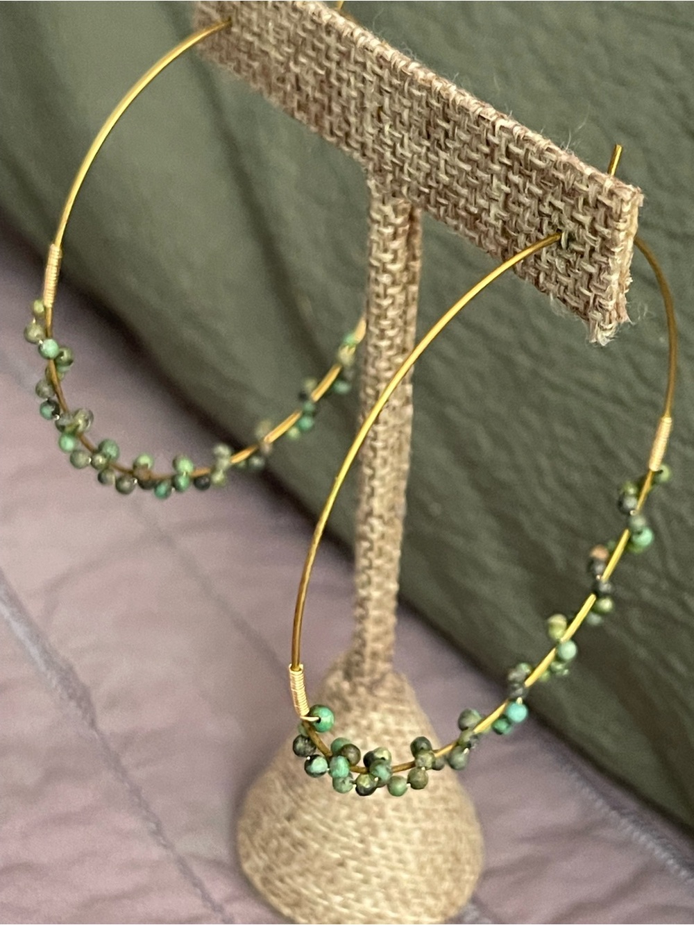 Gold Hoop Earrings with Green Turquoise Bead Accents